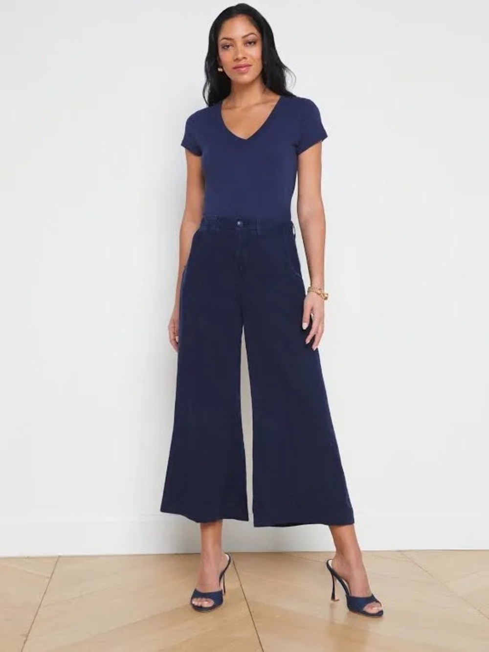 L'AGENCE Henderson linen Navy Wide-Leg Cropped Pants